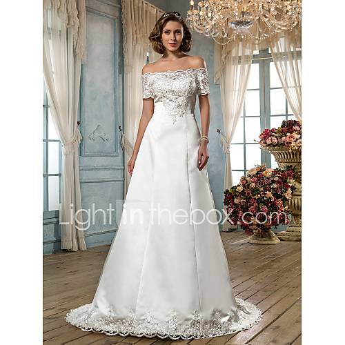 A line Off the shoulder Scalloped Edge Sweep/Brush Train Satin Wedding Dress (636695)