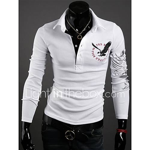 Langdeng Casual Print Slim Long Sleeve Lapel Polo Shirt(White)