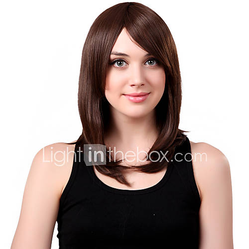 Capless Medium Synthetic Brown Straight Hair Wig Side Bang