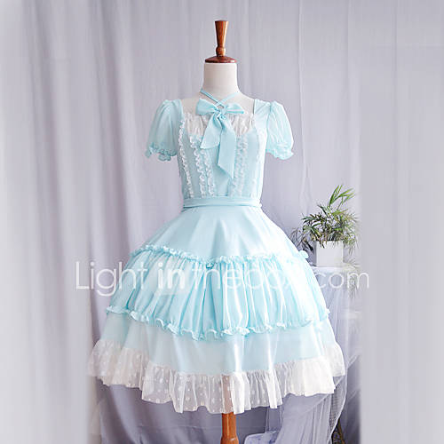 Short Sleeve Knee length Sky Blue Bowknot Princess Lolita Dress