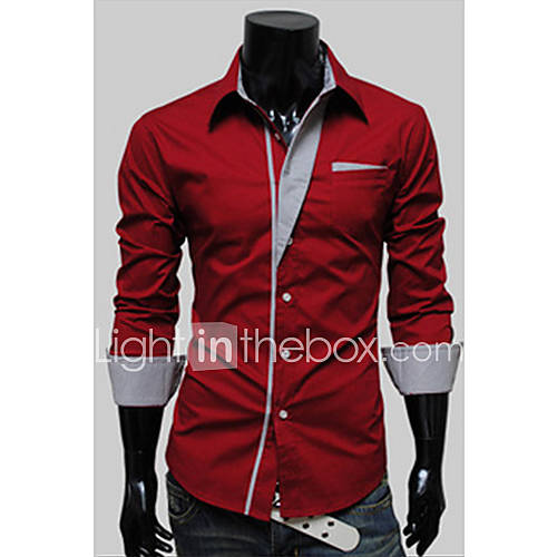 Langdeng Casual Harem Slim Contrast Color Long Sleeve Shirt(Red)