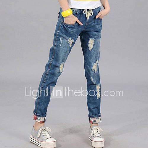 TS Simplicity Casual Bandage Deeply Ripped Low Waist Washed Jeans Pants