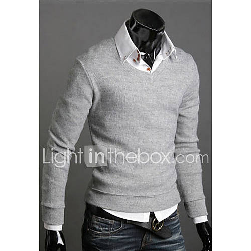 Langdeng Casual Vintage Cotton Slim Knitted V Neck Shirt(Light Gray)