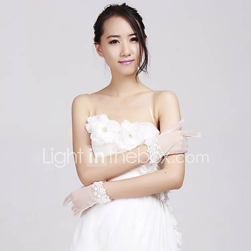 Attractive Satin And Lace Fingertips Wrist Length Bridal Gloves With Rhinestone