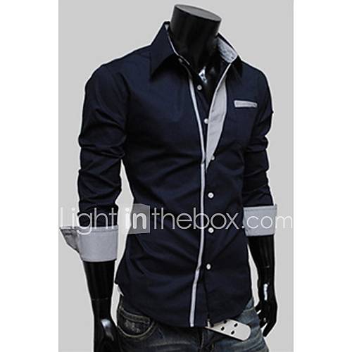 Langdeng Casual Harem Slim Contrast Color Long Sleeve Shirt(Navy Blue)