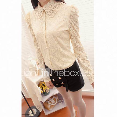 Womens Puff Sleeve Doll Collar Lace Blouse