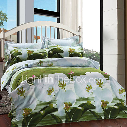 Duvet Cover Set, 4 Piece Oil Print Moroccan Green Flower Full Size