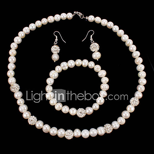Amazing Natural Pearl With Rhinestone Beads Necklace Bracelet Earrings Jewelry Set