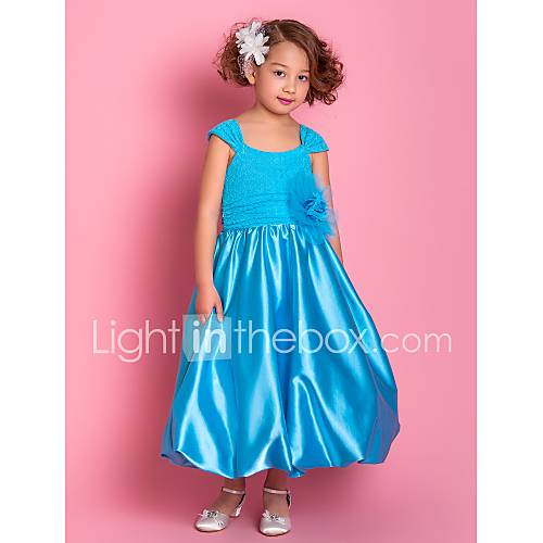 A line Square Tea length Stretch Satin And Lace Flower Girl Dress (733949)
