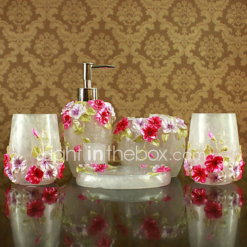 Bathroom Accessories Set, 5 Piece White Resin Bath Ensemble With Floral