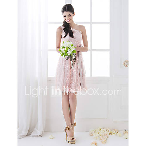 A line One Shoulder Knee length Lace Bridesmaid Dress (710809)