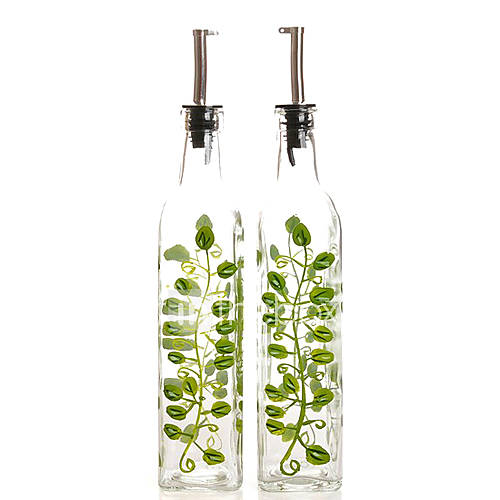 Oil Dispensers, Set of 2 Glass 12.5H, Leaves Pattern