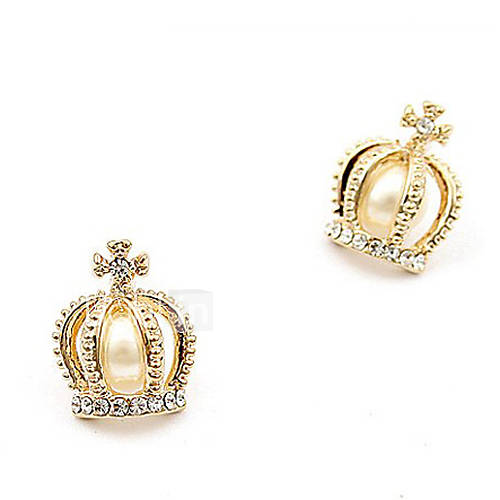 Crown Chaped with Crystal Artificial Pearl Stud Earring for Women