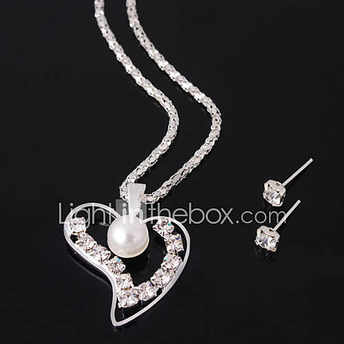Attractive Alloy with Rhinestone Pearl Heart Pendant Necklace,Earrings Jewelry Set