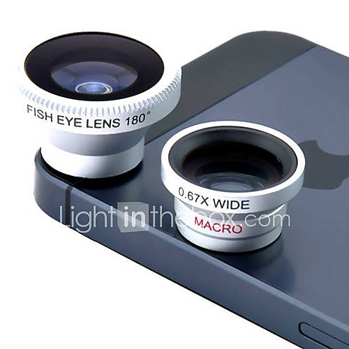 3 in 1 0.67X Wide Angle and Macro Lens and 180 Degree Fish Eye Lens for 4/4S, iPad and Other Cellphone