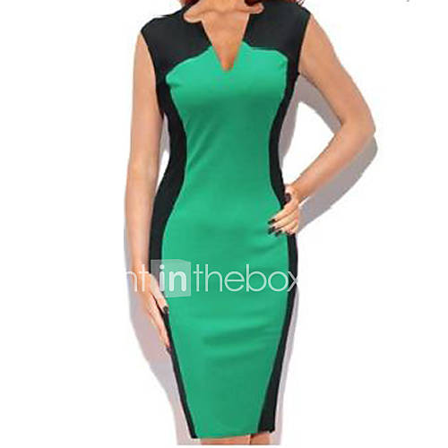 SZ Womens V Neck Splicing Hip Pack Green Dress