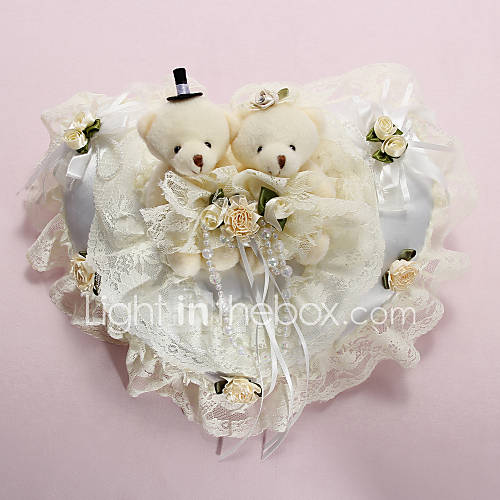 Ring Pillow In White Satin With Lovely Bears And Laces