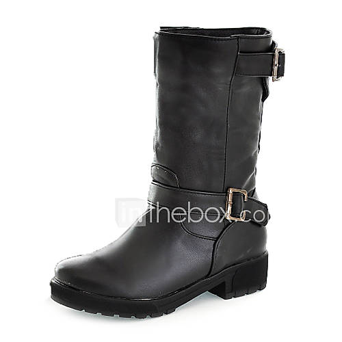 Faux Leather Chunky Heels Combat Mid Calf Boots(More Colors)