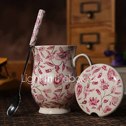 Indian Lotus Mug with Lid/Spoon, Porcelain 11oz