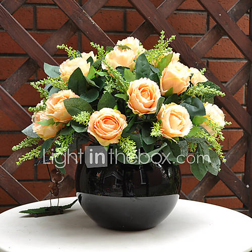 12Champagne Color Large Roses Arrangement With Black Round Ceramic Vase