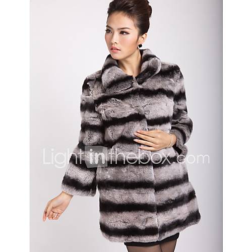 Genuine Long Sleeve Turndown Collar Rex Rabbit Fur Coat