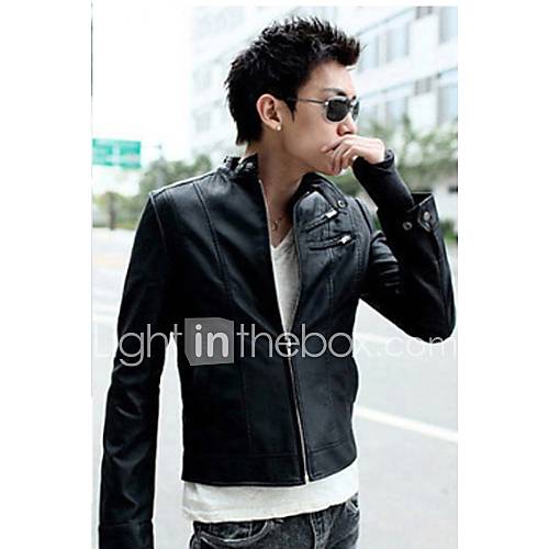 UF Mens Black Stand Neck Pu Leather Motorcycle Jacket