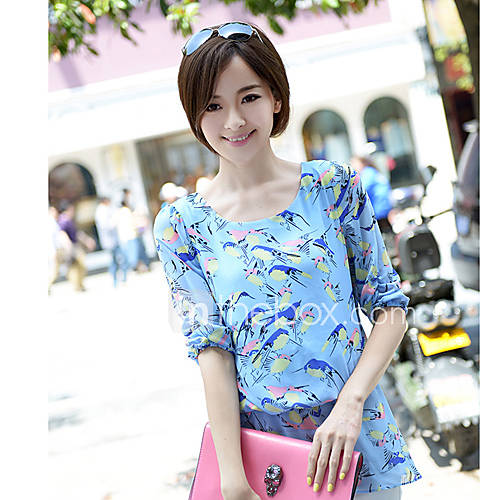 Newcomerland Chiffon Korean Version Small Bird Printing Shirt(Light Blue)