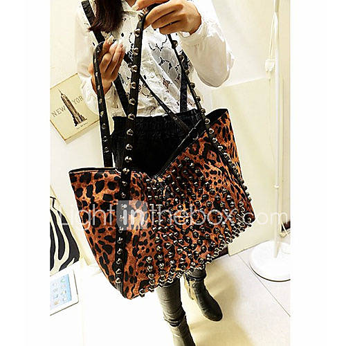 Fashion Ms. Leopard Rivets Big Bag PU Handbag Lining Color on Random