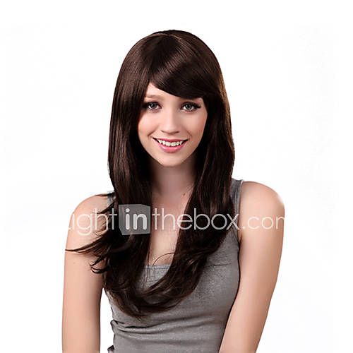 Capless Long Stright Brown Synthetic Wig Side Bang