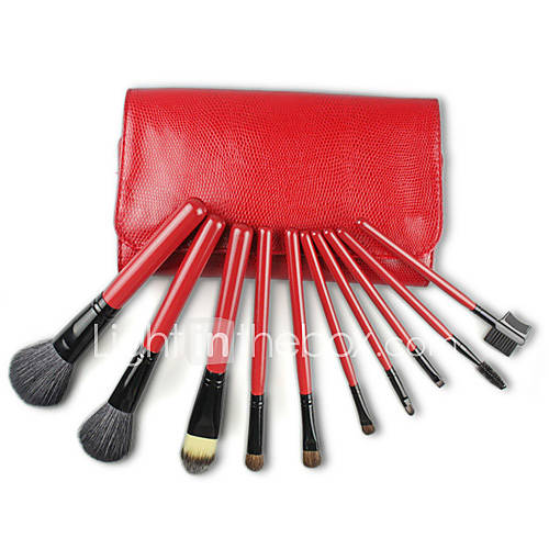 Pro High Quality 10 PCs Natural Goat Hair Makeup Brush Set with Snake Skin Pouch, Red Coffee Color