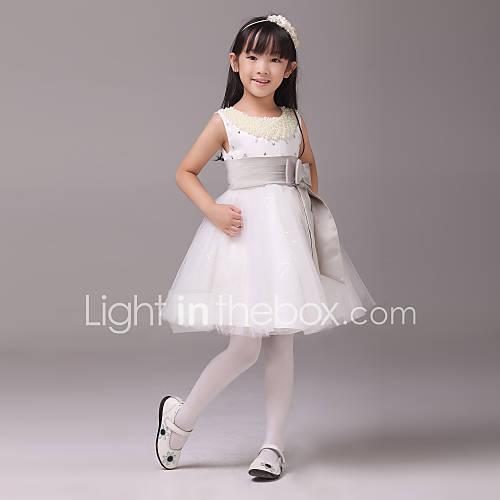 A line Jewel Knee length Satin And Tulle Flower Girl Dress