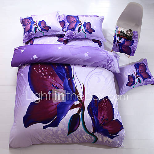 Duvet Cover Set,4 Piece 3d Effect Printed Purple Morning Glory Full Size