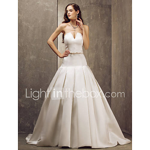 A line Strapless Sweep/Brush Train Satin Wedding Dress (699600)