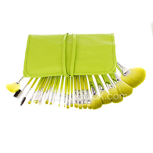 New 24Pcs Cosmetic Brush Set with Green Soft Leather Case