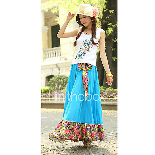 Bohemia High Waist Floral Stitching Peacock Pattern Women Long Skirts With Belt(Flower Pattern Random Delivery)