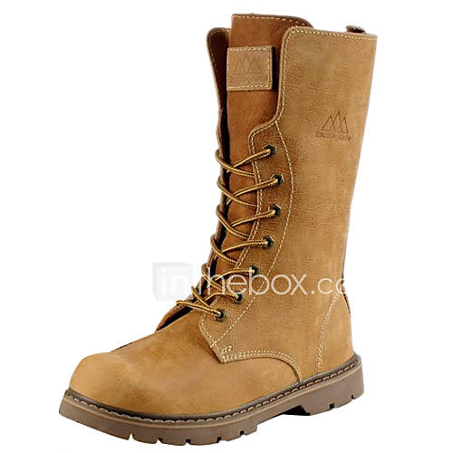 Mens Leather Flat Heel Mid Calf Combat Boots With Lace up