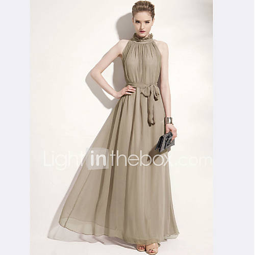 Moon Sunday Womens Slim Chiffon Long Khaki Dress