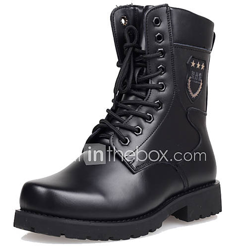 Mens Leather Flat Heel Mid Calf Combat Boots With Lace up