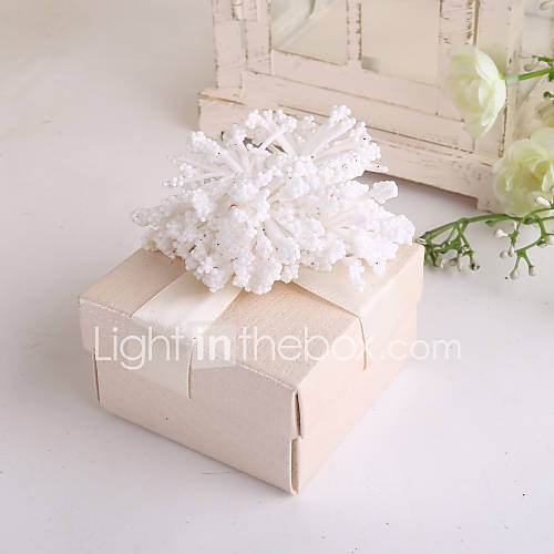 Beige Woven Pattern Favor Box With Flower   Set of 12