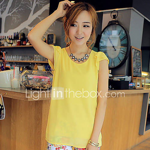 Newcomerland Korean Short Sleeved Summer Lotus Sleeve Chiffon Slim Shirt(Yellow)