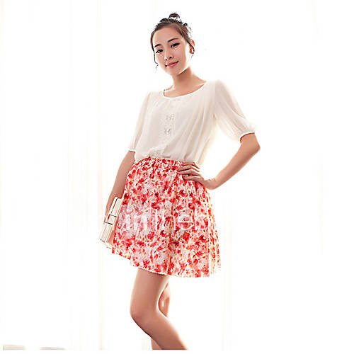 Newcomerland Floral Chiffon Pleated Commuter Skirt(Red)