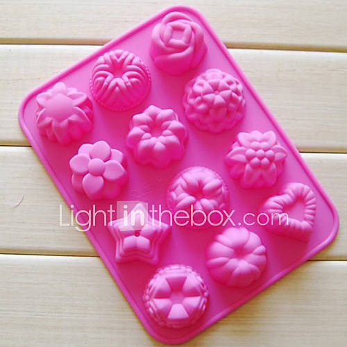 Twelve Holes Flower Shape Muffin Baking Tray, Silicone (Color Randoms)
