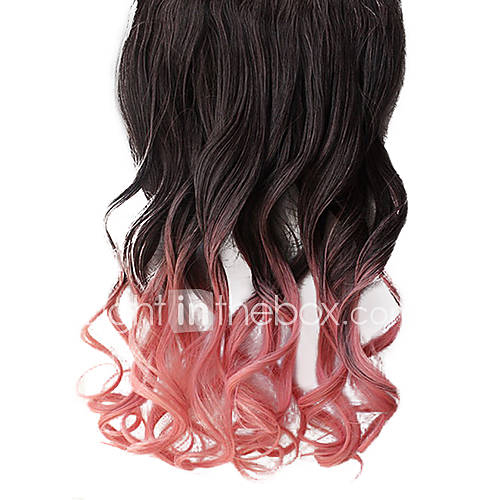 16 Inch Clip in Synthetic Black and Pink Gradient Wavy Hair Extensions with 5 Clips