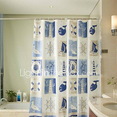 Shower Curtain Modern Blue Ship Print Water resistant W71 x L71