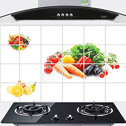 Fruit and Vegetable Pattern Oil Proof Sticker, Aluminium Foil 60cm x 90cm