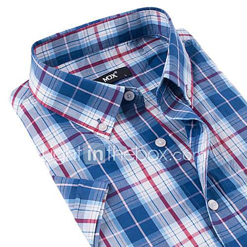 Mens Casual Cotton Short Sleeve Plaid Shirt