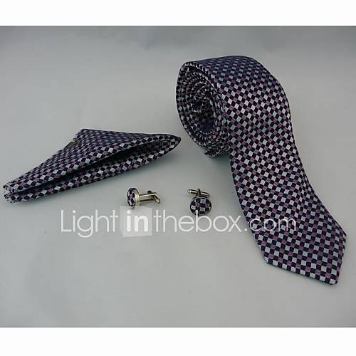 Fashion Mens Casual Plaid Purple Necktie Cufflinks Kerchief Set(Width7CM)