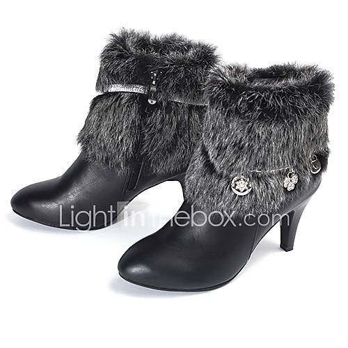 Leather Womens Chunky Heel Ankle Boots With Fur(More Colors)