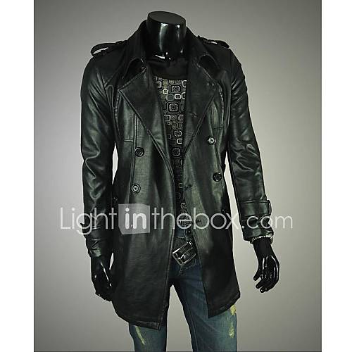 The Mens Premium Washed Leather Shoulder Straps Double Breasted Lapel Mens Long Leather Coat Parka