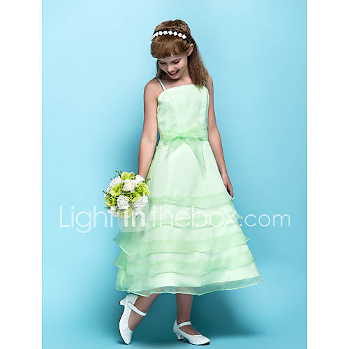 A line Spaghetti Straps Tea length Organza Junior Bridesmaid Dress (734028)